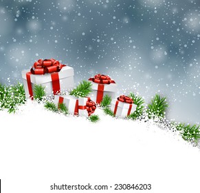 Abstract christmas background with fir branches and realistic gift boxes. Vector illustration. 
