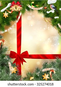 Abstract christmas background with fir branches and red bow. EPS 10 vector file included