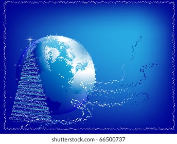Abstract Christmas background with a fur-tree and Earth silhouette on a blue background