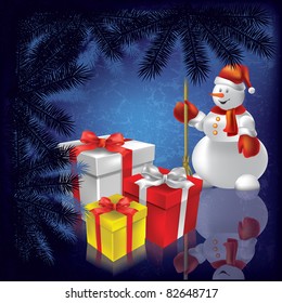 Abstract Christmas background with gifts snowman on blue