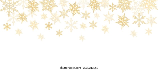 Abstract Christmas background with gold snowflakes border. Winter golden snowflakes different shapes. Luxury Xmas Overlay, banner, cover, template. Vector Realistic illustration on white background. 