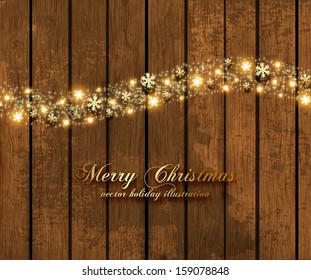 Abstract Christmas Background with Golden Snowflakes, Vintage wooden background, holiday vector