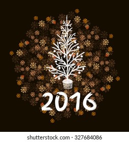 Abstract christmas background. Hand drawn white spruce tree and snowflakes. Vector illustration.