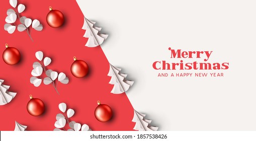 Um projeto de layout de fundo de Natal abstrato com bolinhas vermelhas, árvores de Natal de papel e ramos de eucalipto. Ilustração vetorial