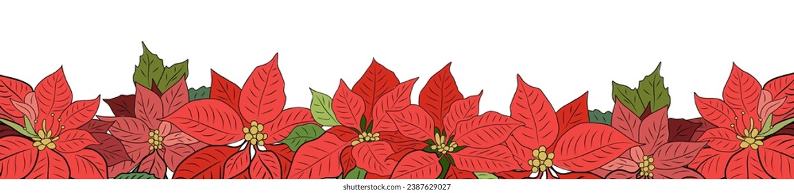 Abstract Christmas background with Poinsettia border and copy space for text. Winter Christmas red flowers. Overlay, banner, cover. Hand drawn vector illustration isolated on white background.