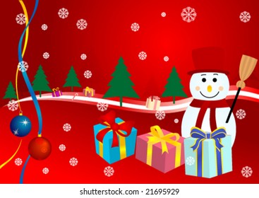Abstract Christmas background with  presents, snowman and Christmas trees
