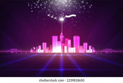 Abstract christmas background with purple neon grids city silhouette in vintage style.Can be used for workflow layout, diagram, web design, banner template. Vector illustration