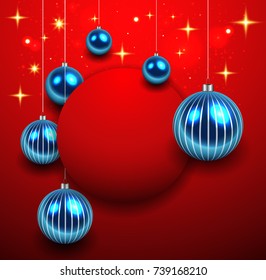 Abstract Christmas background red with blue balls and vector illustration.