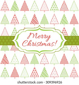 Abstract Christmas background with red and green fir trees, snowflakes, frame and greeting text