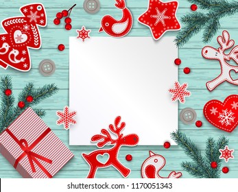 Abstract christmas background, red and white stylized Scandinavian decorations, branches of Christmas tree and holly berries lying on blue wooden surface with place for text, vector illustration