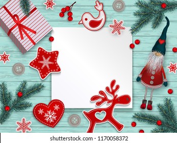 Abstract christmas background, red and white stylized Scandinavian decorations, branches of Christmas tree and holly berries lying on blue wooden surface with place for text, vector illustration