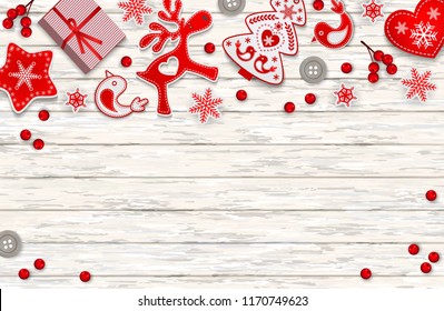 Abstract christmas background, Scandinavian decoration, snowflakes and holly berries lying on white wooden desk with place for text, vector illustration