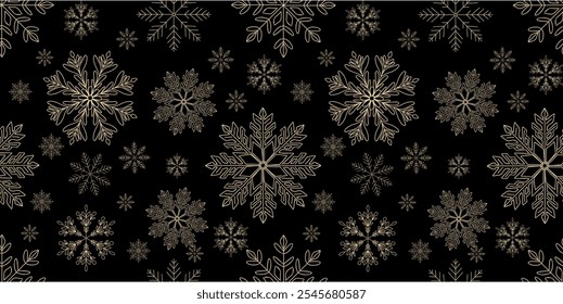 Abstract Christmas background seamless pattern with gold snowflakes on black. Winter snow. Vector illustration, banner, backdrop.