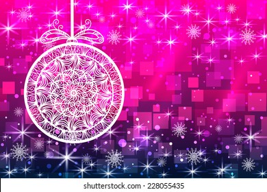 Abstract Christmas background with snowflakes, ball and shiny stars. New year lights, starry sky 