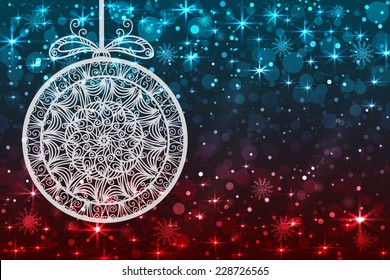 Abstract Christmas background with snowflakes, ball and shiny stars, blue, red color. New year lights, starry sky 
