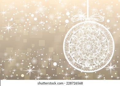 Abstract Christmas background with snowflakes, ball and shiny stars in white and gold color. New year lights, starry sky 