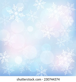  Abstract Christmas background with snowflakes. Bokeh lights holiday design.