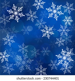  Abstract Christmas background with snowflakes. Bokeh lights holiday design.