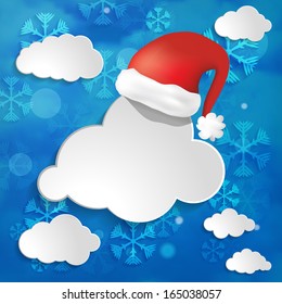 Abstract christmas background with snowflakes, clouds and Red Santa Claus Hat