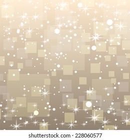 Abstract Christmas background with snowflakes and shiny stars in white and gold color. New year lights, starry sky 