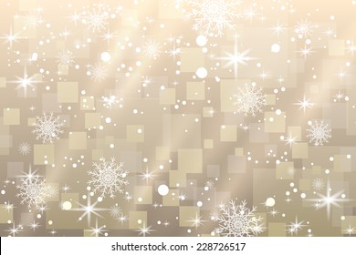 Abstract Christmas background with snowflakes and shiny stars in white and gold color. New year lights, starry sky 