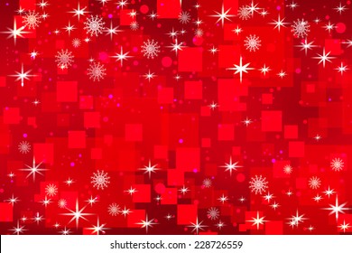Abstract Christmas background with snowflakes and shiny stars in red and white. New year lights, starry sky 
