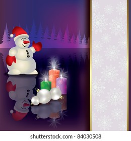 Abstract Christmas background with snowman and candles on dark