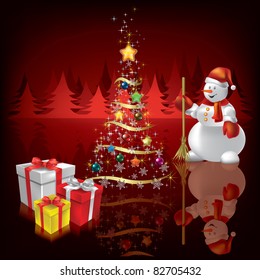 Abstract Christmas background with snowman and gifts on red