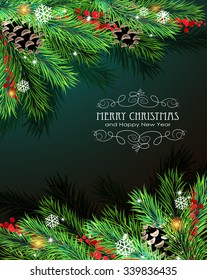 Abstract Christmas background with sparkles, snowflakes, fir branches and cones