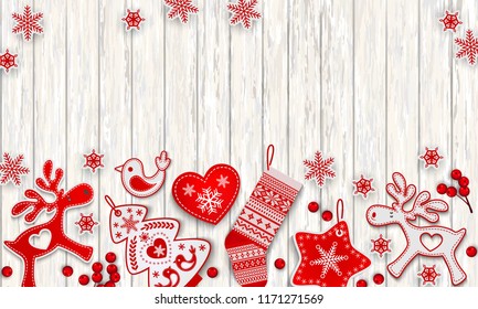 Abstract christmas background, stylized Scandinavian decorations, snowflakes and holly berries lying on white wooden desk with place for text, vector illustration