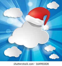 Abstract christmas background with sun rays, clouds and Red Santa Claus Hat