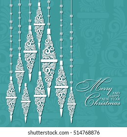 Abstract Christmas background. Template for banner, invitation in New Years eve party or greeting card in retro style with elegant stylized New Year icicle