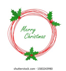 Abstract Christmas background. Christmas vector banner with holly berry leaves. Scribble Christmas background.