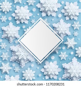 Abstract Christmas background with volumetric paper snowflakes. White 3D snowflakes with shadow. Xmas and new year card template. Winter paper art design