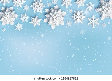 Abstract Christmas background with volumetric paper snowflakes. White 3D snowflakes with shadow. Xmas and new year card template. Winter paper art design