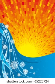 Abstract christmas background with waves, snowflakes and sun shine