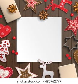 Abstract christmas background, white sheet of paper lying among small scandinavian styled decorations on brown wooden desk, inspired by flat lay style, vector illustration, eps 10 with transparency