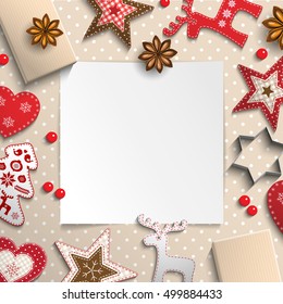 Abstract christmas background, white sheet of paper lying among small scandinavian styled decorations on polka dot beige background, inspired by flat lay style, vector illustration, eps 10 with