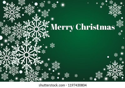 Abstract Christmas background of white snowflakes with shining flakes and Merry Christmas text on green background. Design for winter holidays season greeting card or banner. Vector illustration.