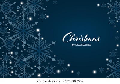 Abstract Christmas background of white snowflakes with shining flakes and your copy space on dark blue background. Design for winter holidays season greeting card or banner. Vector illustration.