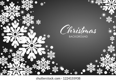 Abstract Christmas background of white snowflakes with shining flakes and your copy space on black background. Design for winter holidays season greeting card or banner. Vector illustration.