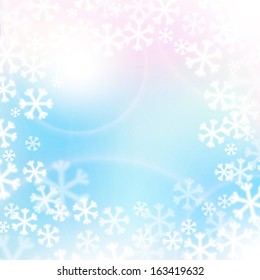 Abstract Christmas background with white snowflakes and light soft colors. Vector illustration.