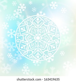 Abstract Christmas background with white snowflakes and light soft colors. Vector illustration.