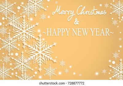 Abstract Christmas background of white snowflakes with shining flakes and Merry Christmas & Happy New Year text on yellow background. Design for winter holidays season greeting card or banner. 