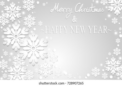 Abstract Christmas background of white snowflakes with shining flakes and Merry Christmas & Happy New Year text on light gray background. Design for winter holidays season greeting card or banner.