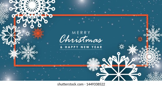 Abstract Christmas background. Winter frame with snowflakes over blue background. 