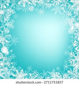 Fondo de Navidades Abstractas. Marco de invierno con copos de nieve sobre fondo azul. No IA, Ilustración vectorial