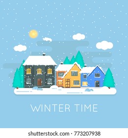 Abstract Christmas background with winter home, house, forest  and white sparkling snowflakes. perfect holiday illustration with cottage,  landscape with tree, space for text. 