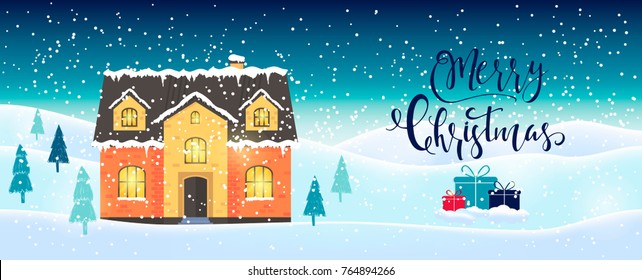 Abstract Christmas background with winter house, forest , lettering and white sparkling snowflakes. perfect holiday illustration with cozy home, cottage,  Template for decoration, greeting cards