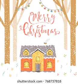 Abstract Christmas background with winter house, forest , lettering and white sparkling snowflakes. perfect holiday illustration with cozy home, cottage, Template for decoration, greeting cards